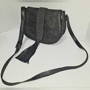 Charcoal Grey Crossbody Bag Woven Design Tassel Longboom Steven Medium Sized